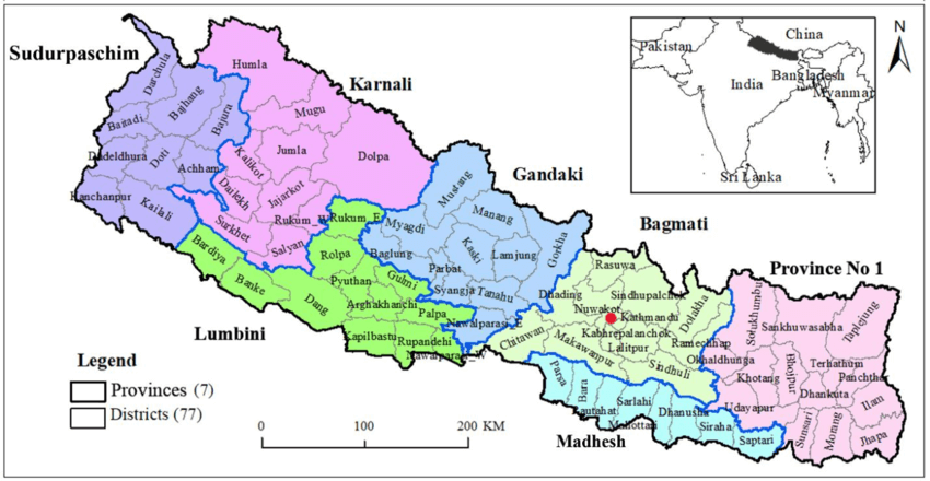 Map of Nepal showing the 7 provinces and 77 districts. The school is in the district of Makawanpur.